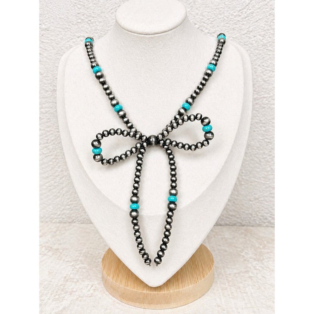 Navajo Pearl Style Beaded BOW Necklace Faux Turquoise Western Boho Cowgirl Long